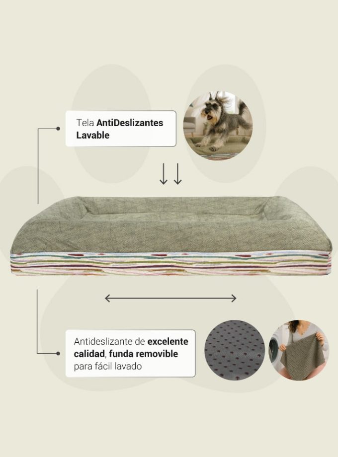 Cama Rectangular para Mascotas. Superficie Verde con Contorno Curvo de Líneas Irregulares Neutras