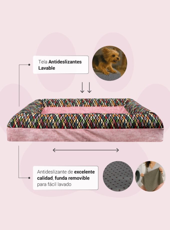 Cama Rectangular para Mascotas - Superficie Rosada con Contorno Multicolor Geométrico