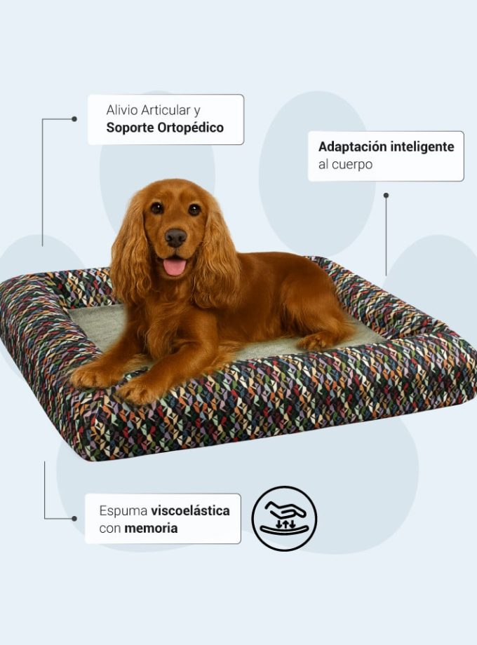 Cama Ortopédica para Mascotas. Superficie Verde con Contorno de Triángulos Coloridos