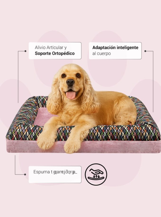 Cama Rectangular para Mascotas - Superficie Rosada con Contorno Multicolor Geométrico