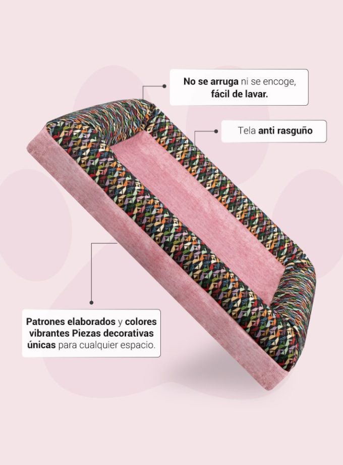 Cama Rectangular para Mascotas - Superficie Rosada con Contorno Multicolor Geométrico
