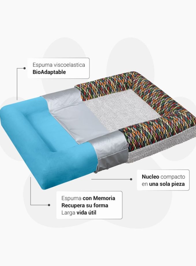 Cama Rectangular Afelpada para Mascotas – Superficie Gris Claro con Contorno de Triángulos de Colores