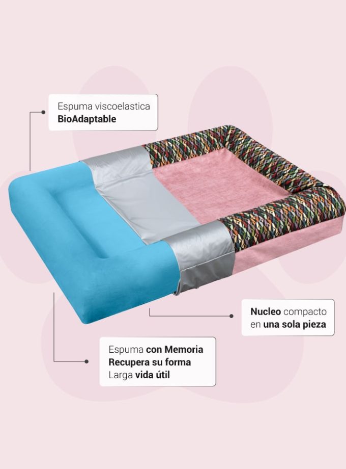 Cama Rectangular para Mascotas - Superficie Rosada con Contorno Multicolor Geométrico